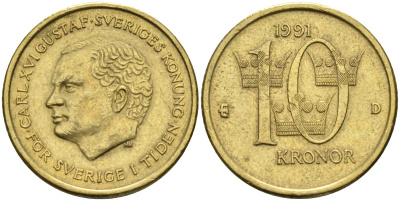 Швеция 10 крон 1991 D, Карл XVI Густав (1973- ) KM 877 медь алюминий цинк 4592-137