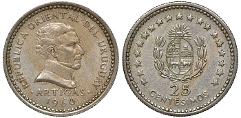 Уругвай 25 сентесимо 1960 KM 40 медно-никель 4169-951