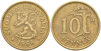 Финляндия 10 пенни 1966 S KM 46 алюминиевая бронза 219-1147
