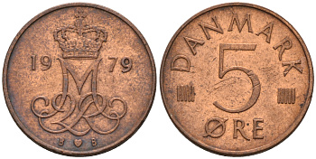 ДАНИЯ 5 ЭРЕ 1979 B; B, МАРГРЕТЕ II (1972-) KM 859.2 железо плакированное медью UNC 4564-1166