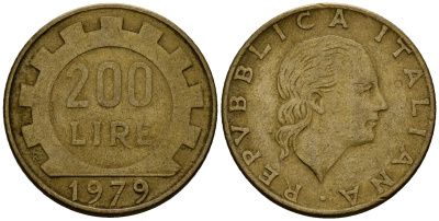 Италия 200 лир 1979 KM 105 алюминиевая бронза 4176-257