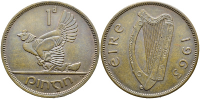 ИРЛАНДИЯ 1 ПЕННИ 1963 КУРИЦА С ЦЫПЛЯТАМИ KM 11 бронза 4394-525