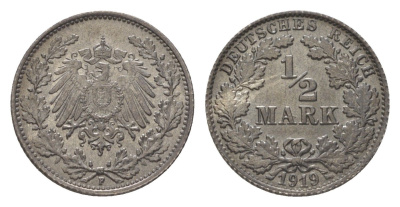Германия 1/2 марки 1919 F KM 17, J. 16 серебро UNC 3896-812