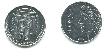 Аргентина 2 песо 2010 75 лет Центральному Банку KM 162 медно-никель UNC 36-113