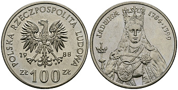 Польша 100 злотых 1988 MW, серия Польские правители, королева Ядвига (1384-1399) KM 183 медно-никель 4168-921