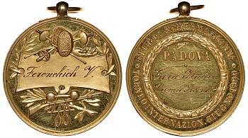 Италия медаль 1899 лучшему гимнасту, на соревнованиях в Падуе, 23,4 мм, 6,65 гр золото UNC 00-808-15