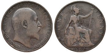 Великобритания 1 пенни 1908 Эдуард VII (1901-1910) KM 794.2, Spink 3990 бронза 71-1146