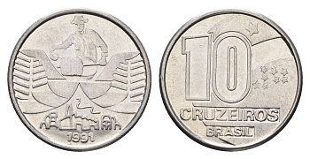 Бразилия 10 крузейро 1991 золотодобыча KM 619 нержавеющая сталь 4663-552