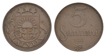 Латвия 5 сантимов 1922 KM 3 бронза 4658-1153