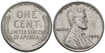 США 1 цент 1943 Авраам Линкольн KM 132 a сталь покрытая цинком aUNC 4580-467