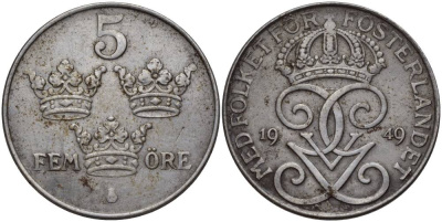 Швеция 5 эре 1949 Густав V (1907-1950) KM 812 железо 27-544