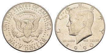 США 1/2 доллара (50 центов) 1990 D, Джон Кеннеди KM A202b медь плакированная медно-никелем aUNC 4367-1026