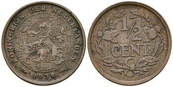 Нидерланды 1/2 цента 1938 Вильгельмина (1890-1948) KM 138 бронза 4169-457