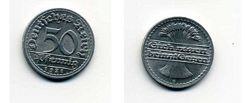 ГЕРМАНИЯ 50 ПФЕННИГОВ 1921 D KM 27, J. 301 алюминий 29-325