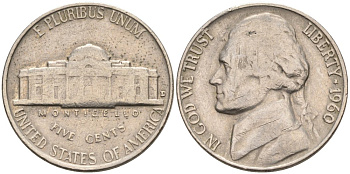 США 5 центов 1960 D, Джефферсон KM А192 медно-никель 92-1042