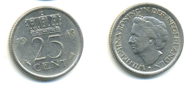 НИДЕРЛАНДЫ 25 ЦЕНТОВ 1948 ВИЛЬГЕЛЬМИНА KM 178 никель 83-1016