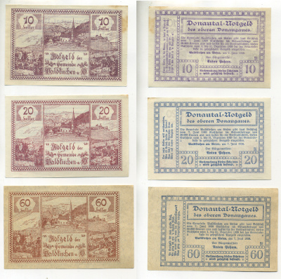 АВСТРИЯ НАБОР ИЗ 3 БАНКНОТ 1920 ДО 31 ДЕКАБРЯ 1920, НОТГЕЛЬД, 10, 20, 50 ГЕЛЛЕРОВ, WALLERN бумага XF 6283-4-3
