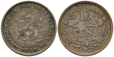 Нидерланды 1/2 цента 1938 Вильгельмина (1890-1948) KM 138 бронза 4169-457