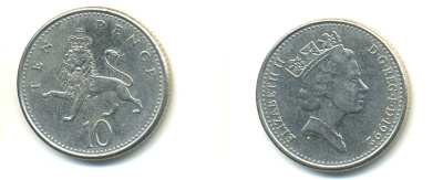Великобритания 10 пенсов 1992 Елизавета II (1952-2022) KM 938b, Spink 4367 (F4) медно-никель 59-444