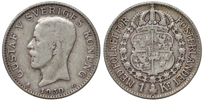 Швеция 1 крона 1930 G, Густав V (1907-1950) KM 786.2 серебро 4116-712