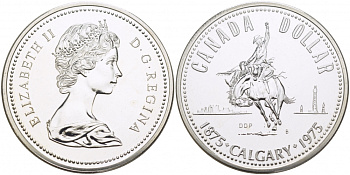 Канада 1 доллар 1975 100 лет Калгари (1875-1975), родео на лошадях, ковбой KM 97 серебро UNC 1082-2-33