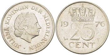 НИДЕРЛАНДЫ 25 ЦЕНТОВ 1976 ЮЛИАНА (1948-1980) KM 183 никель 214-1112