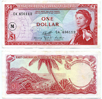 Восточно-Карибские штаты 1 доллар 1965 Британская администрация, подпись 10, серия С4, В КРУГЕ буква "M" (МОНТСЕРРАТ) Pick 13m бумага VF-XF 2197-30-1-2