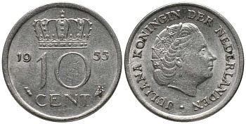 Нидерланды 10 центов 1955 Юлиана (1949-1980) KM 182 никель 112-733