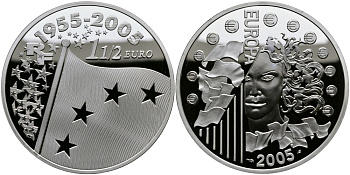 Франция 1 1/2 евро 2005 50 лет флагу объединенной Европы (1955-2005) KM 1434 серебро PROOF 1095-3-54