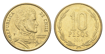 Чили 10 песо 2014 KM 228 никель латунь 4664-442