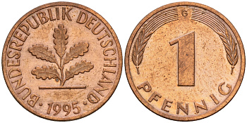 ФРГ 1 пфенниг 1995 G KM 105, J. 380 сталь плакированная медью    4598-717