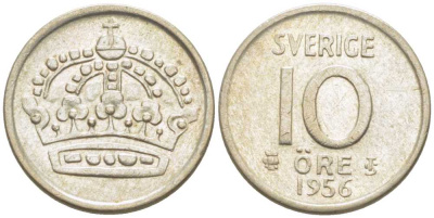Швеция 10 эре 1956 TS, Густав VI Адольф (1950-1973) KM 823 серебро 116-1215