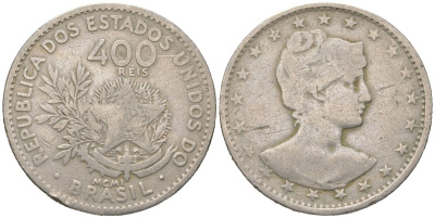 Бразилия 400 реалов 1901 MCMI, голова свободы вправо KM 505 медно-никель 4612-517