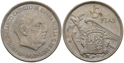 Испания 5 песет 1957 (71) Франсиско Франко (1939-1975) KM 786 медно-никель 186-711