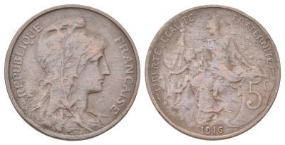Франция 5 сантимов 1916 KM 842, Le Franc 119.28 бронза 4707-1035