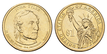 США 1 доллар 2009 P, Президент США - Джон Тайлер (1841-1845) KM 451 медь с марганцево-латунным покрытием UNC 4624-427