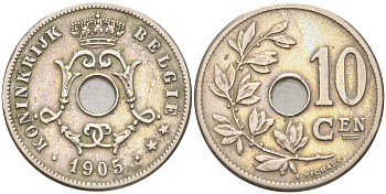 БЕЛЬГИЯ 10 САНТИМОВ 1905 BELGIE KM 53 медно-никель 106-653