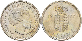 Дания 1 крона 1977 S; B, Маргарете II (1972- ) KM 862.1 медно-никель 202-831