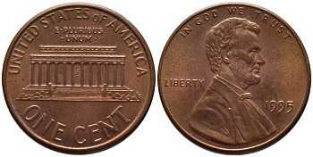 США 1 ЦЕНТ 1995 ЛИНКОЛЬН KM 201b цинк плакированный медью 66-1053