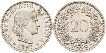 Швейцария 20 раппенов 1957 В KM 29a медно-никель 55-742