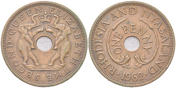 Родезия и Ньясаленд 1 пенни 1962 KM 2 бронза 4141-532