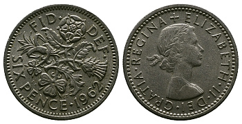 Великобритания 6 пенсов 1962 Елизавета II (1952-2022) KM 903, Spink 4149 медно-никель 4381-754