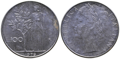 ИТАЛИЯ 100 ЛИР 1979 R, АФИНА KM 96.1 нержавеющая сталь 4382-225