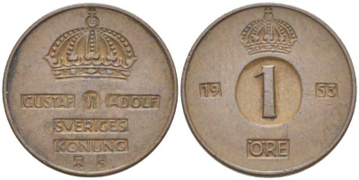 Швеция 1 эре 1953 TS, Густав VI Адольф (1950-1973) KM 820 бронза 176-624