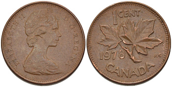Канада 1 цент 1978 Елизавета II (1952-2022), кленовый лист KM 59.1 бронза 71-851