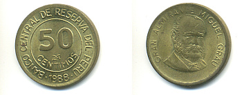 ПЕРУ 50 СЕНТИМО 1988 LIMA, МАНУЭЛЬ ГРАУ KM 295 латунь 89-1433
