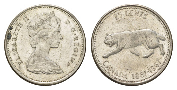 Канада 25 центов 1967 пума, 100 лет Конфедерации Канада, Ссеребро 0.800, вес 5,83 гр, диаметр 23,88 мм KM 67 серебро 4622-914