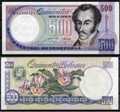 Венесуэла 500 боливаров 1990 Симон Боливар, орхидеи Pick 67 d  бумага  UNC (пресс) 449-31-3