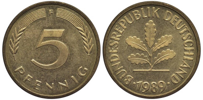 ФРГ 5 ПФЕННИГОВ 1989 F KM 107, Jager 382 сталь плакированная латунью 4547-763