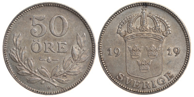 Швеция 50 эре 1919 W, Густав V (1907-1950) KM 788 серебро 4179-933